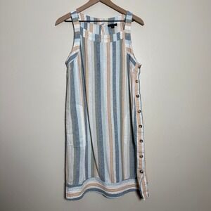 For Cynthia Womens Linen Summer Dress L Blue Peach Striped Buttons Coastal